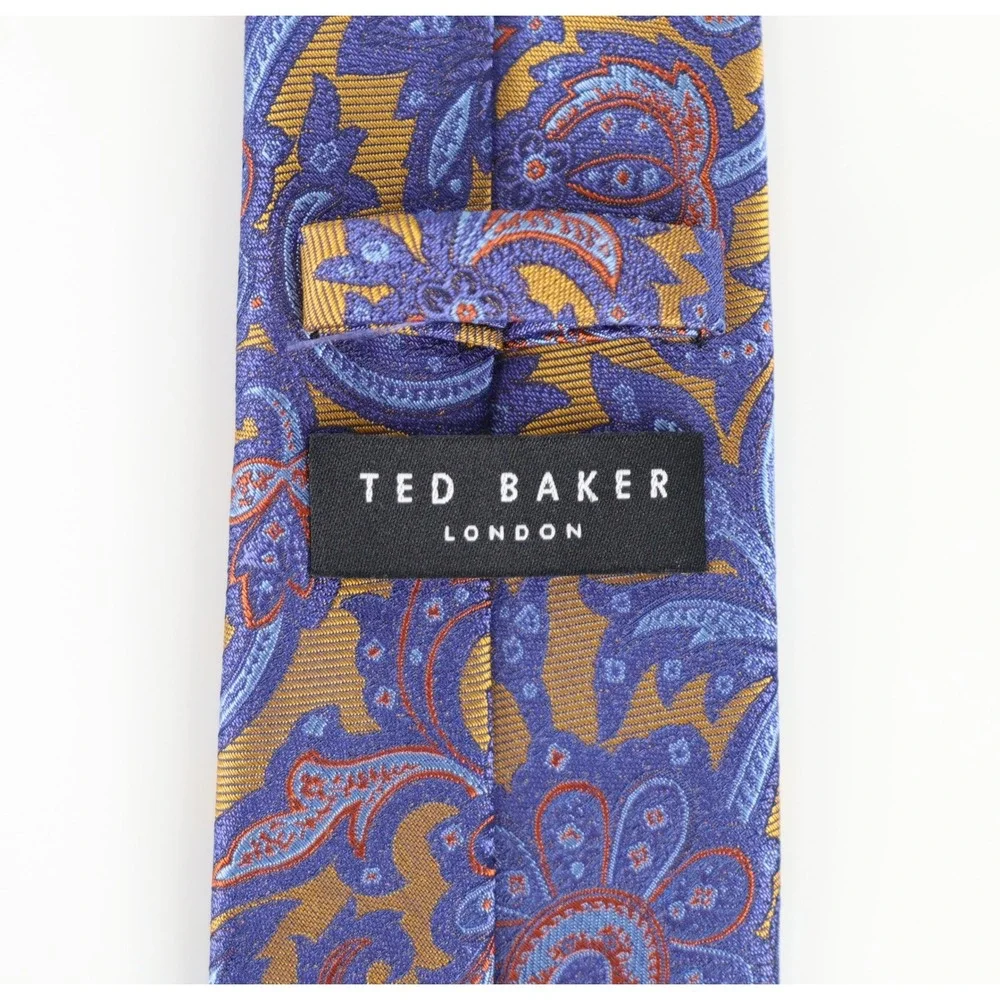 Ted Baker Paisley Necktie Tie Blue Gold Orange Silk Blend Preppy Formal
